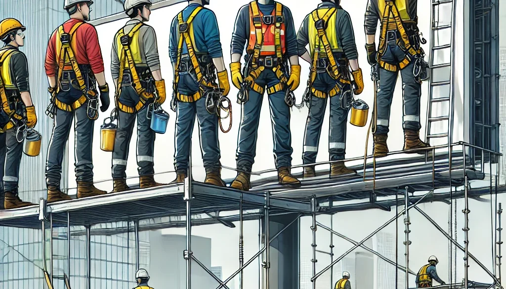 DALL·E 2024-12-10 10.32.05 - An illustration showing a team of billboard installation workers wearing full safety gear. The scene includes workers on a high scaffolding platform,